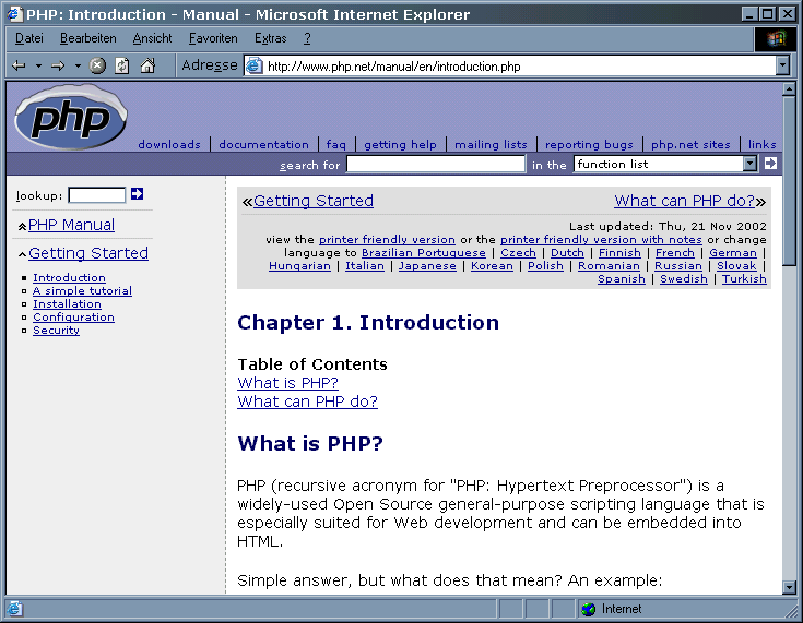 Screenshot von www.php.net (normale Version)
